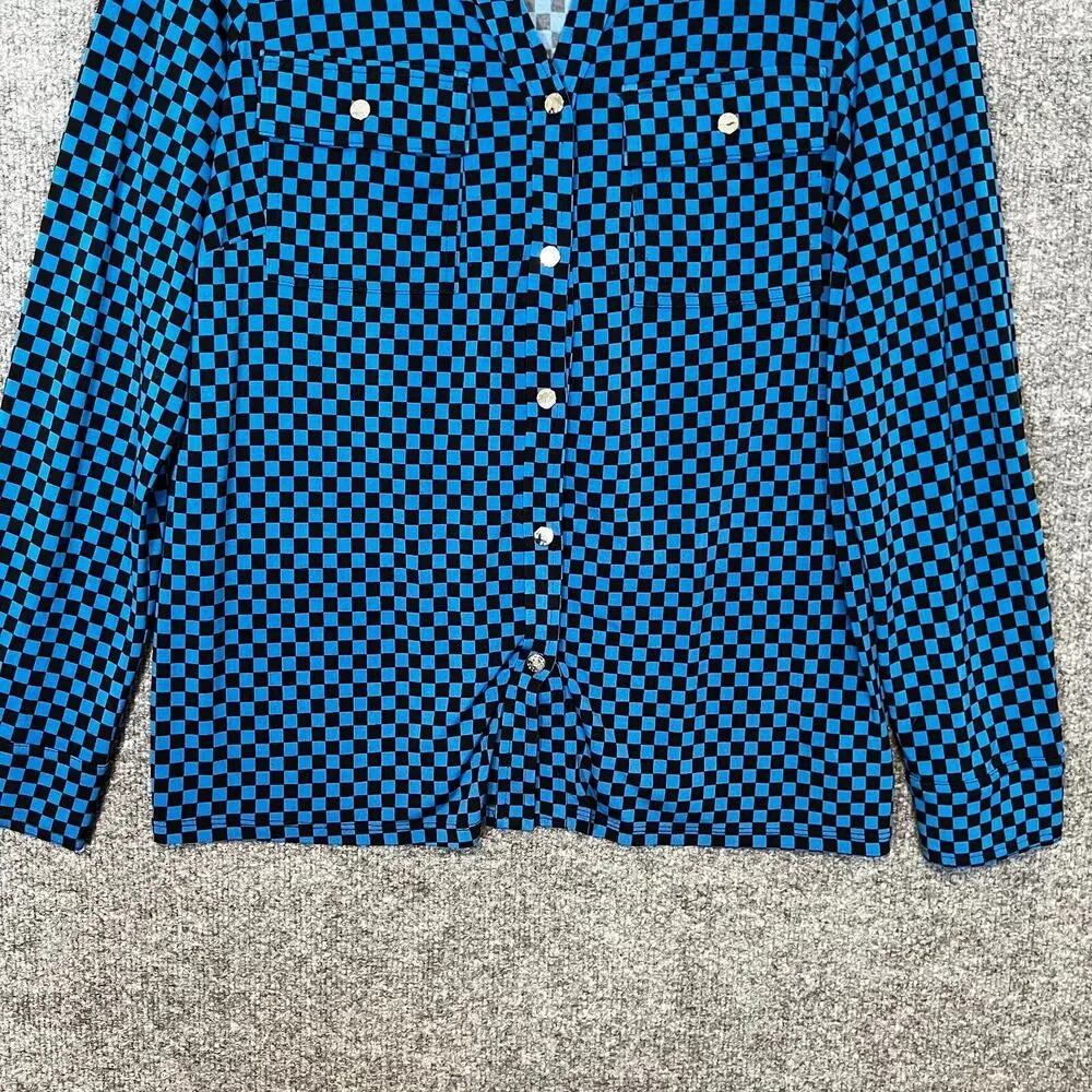 Michael Kors Shirt Womens XL Blue Black Checkered Button‎ Up Stretch Casual